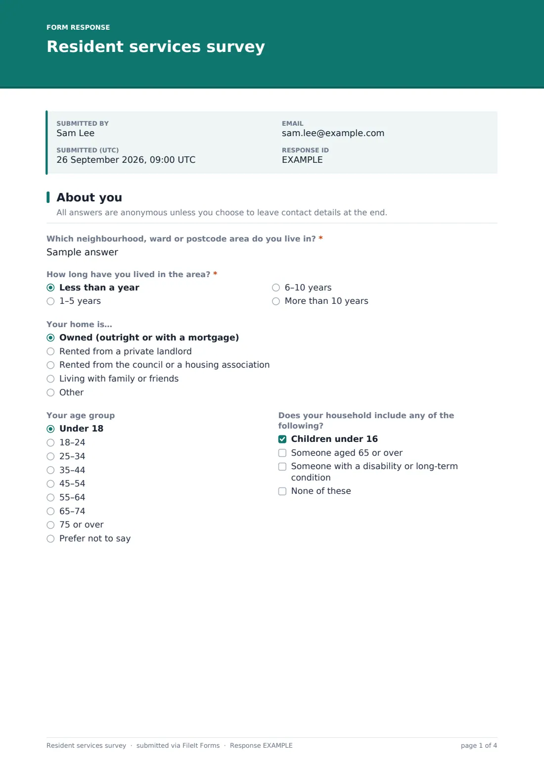 Resident services survey — example response PDF, page 1 of 4