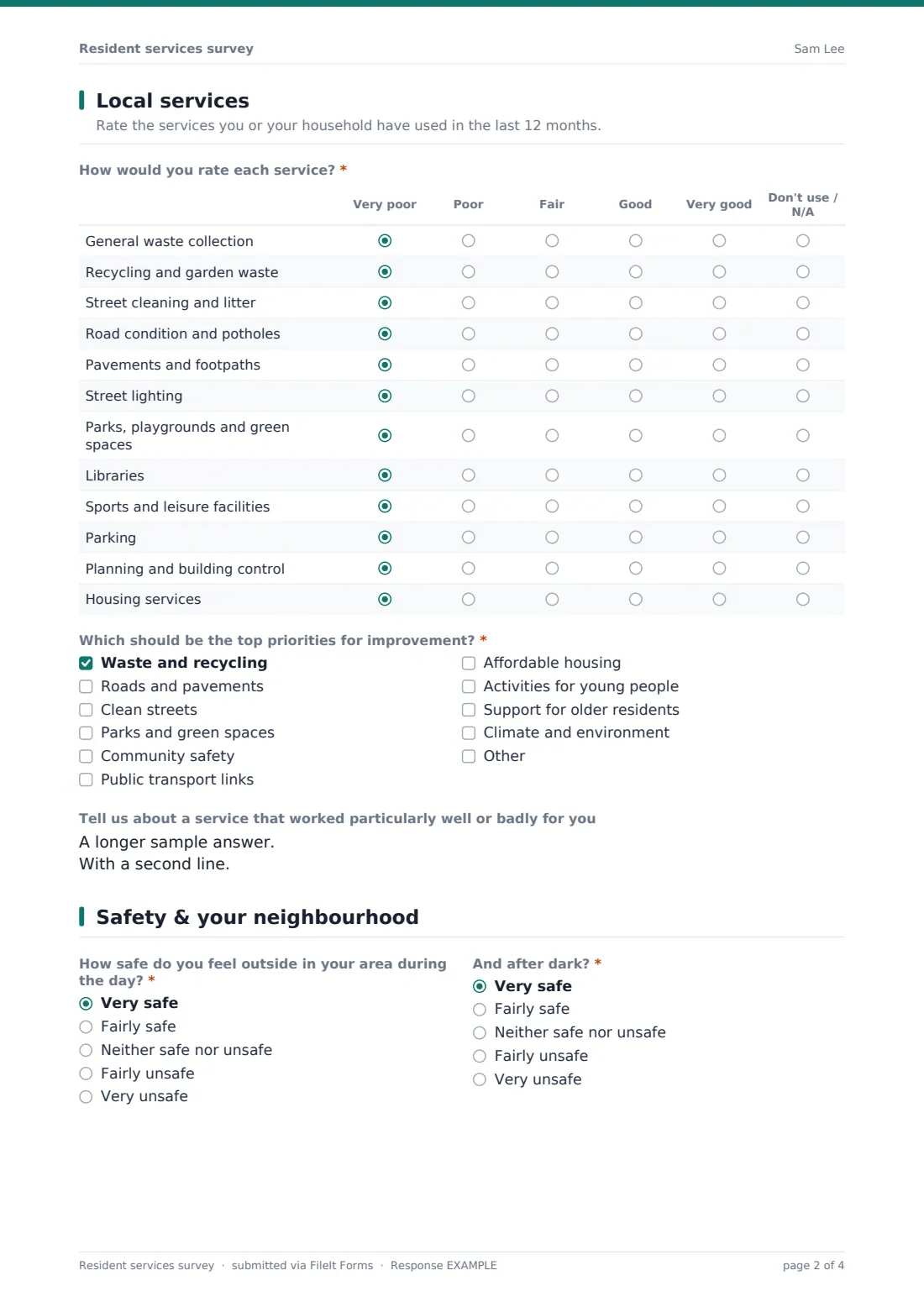 Resident services survey — example response PDF, page 2 of 4