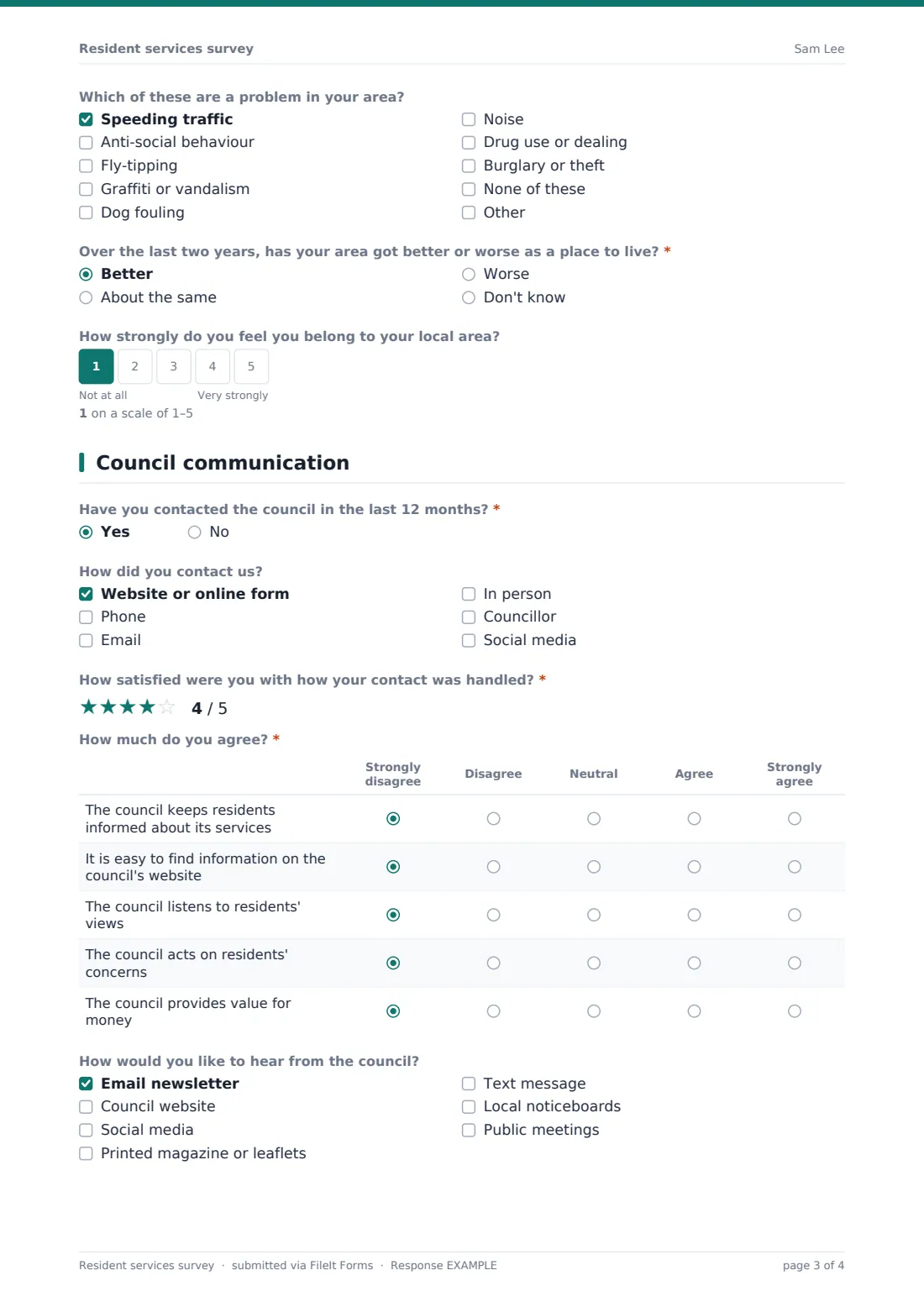 Resident services survey — example response PDF, page 3 of 4