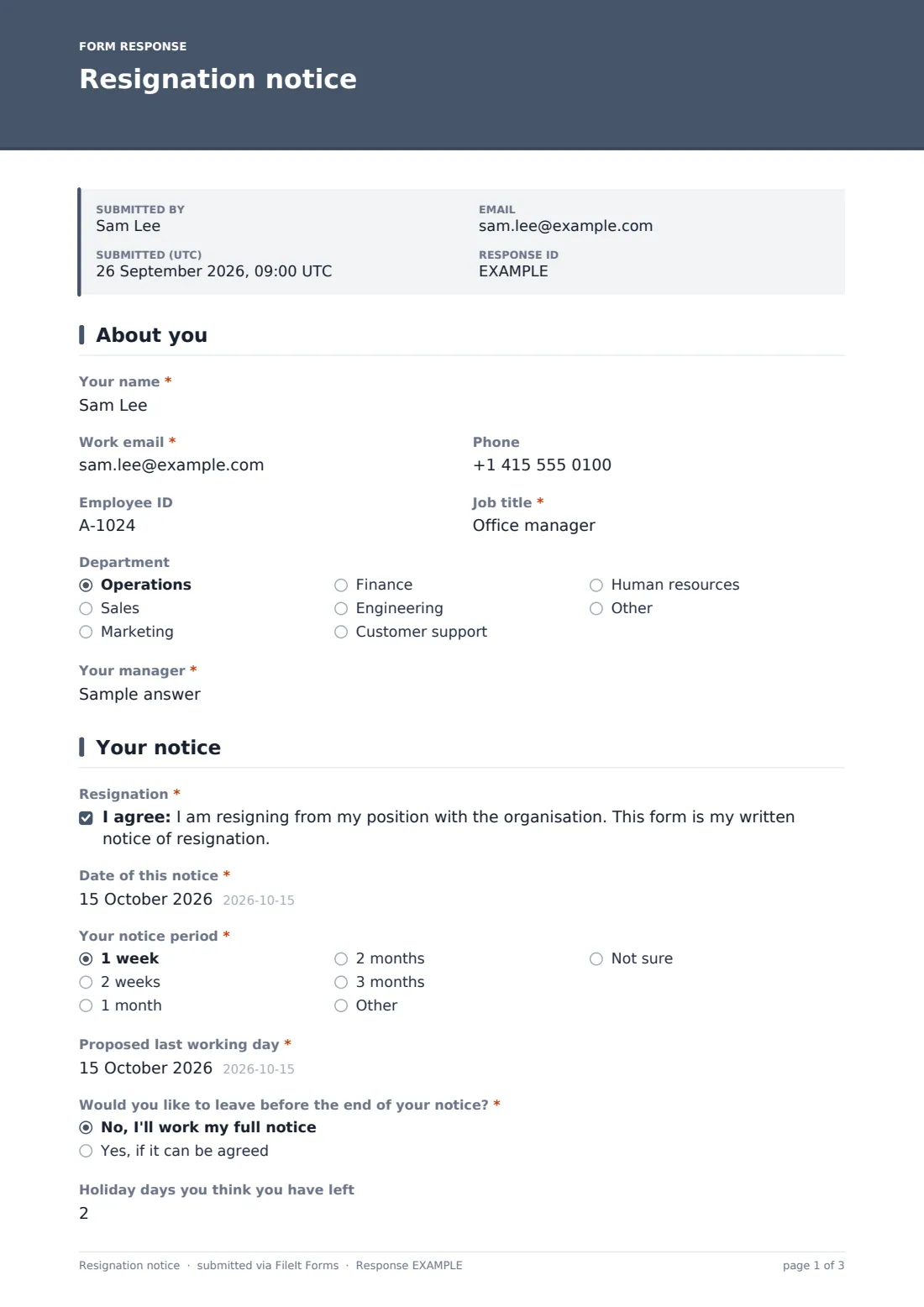 Resignation notice — example response PDF, page 1 of 3