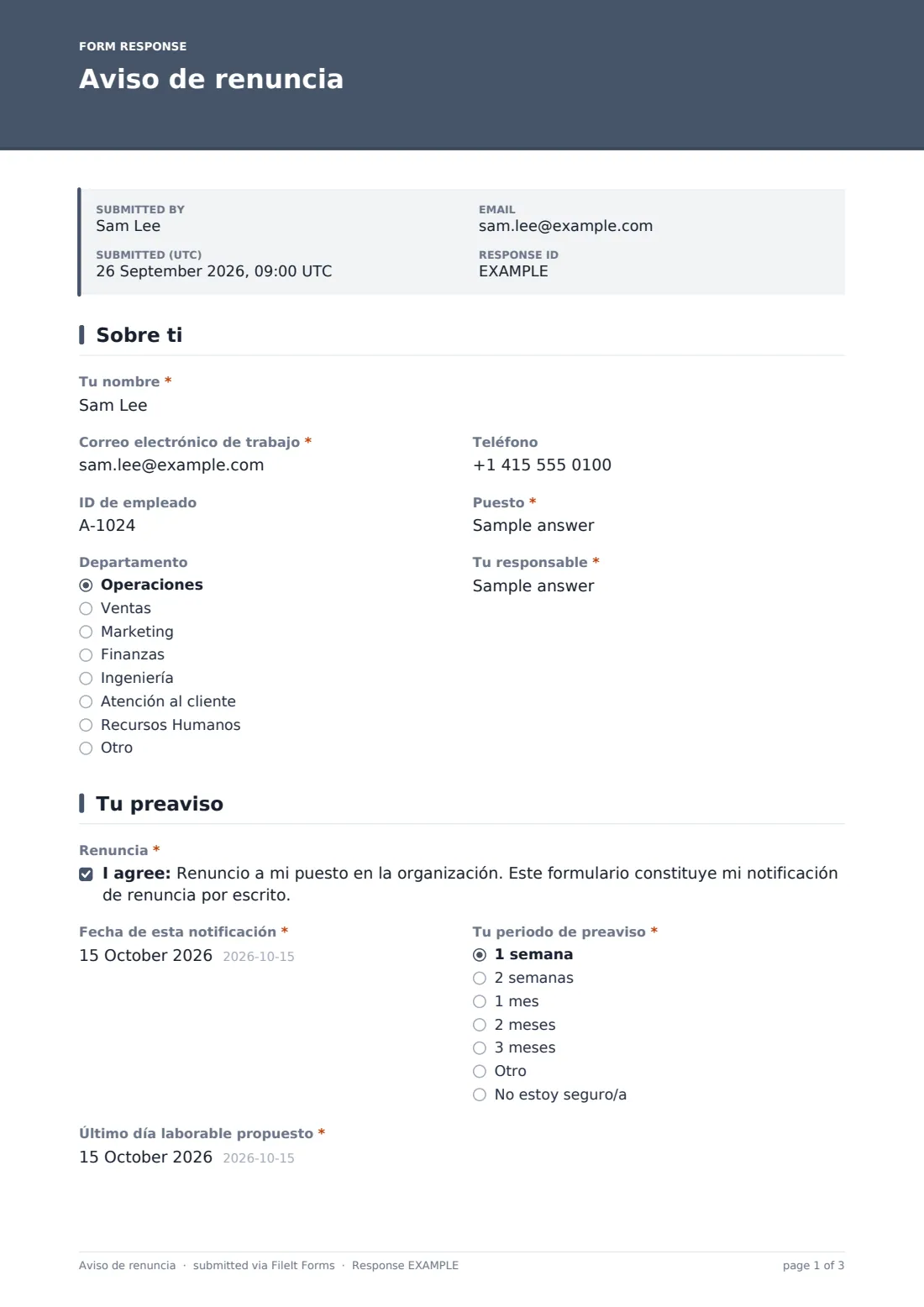 Aviso de renuncia — PDF de respuesta de ejemplo, página 1 de 3
