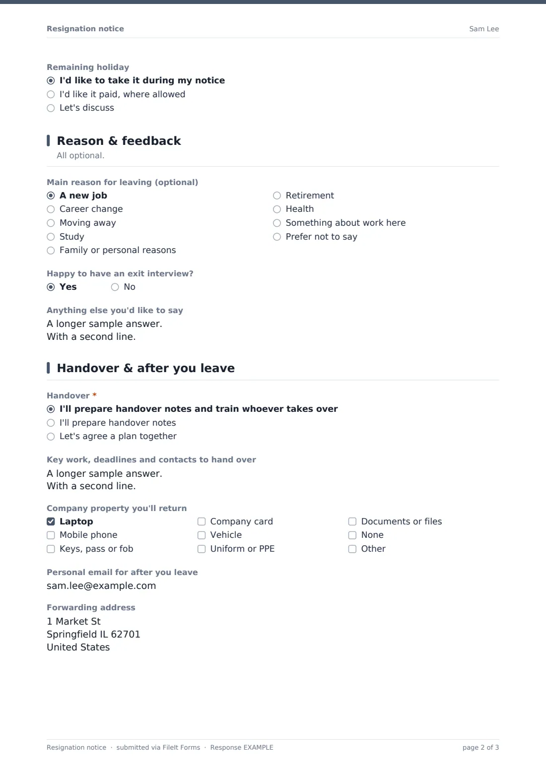 Resignation notice — example response PDF, page 2 of 3