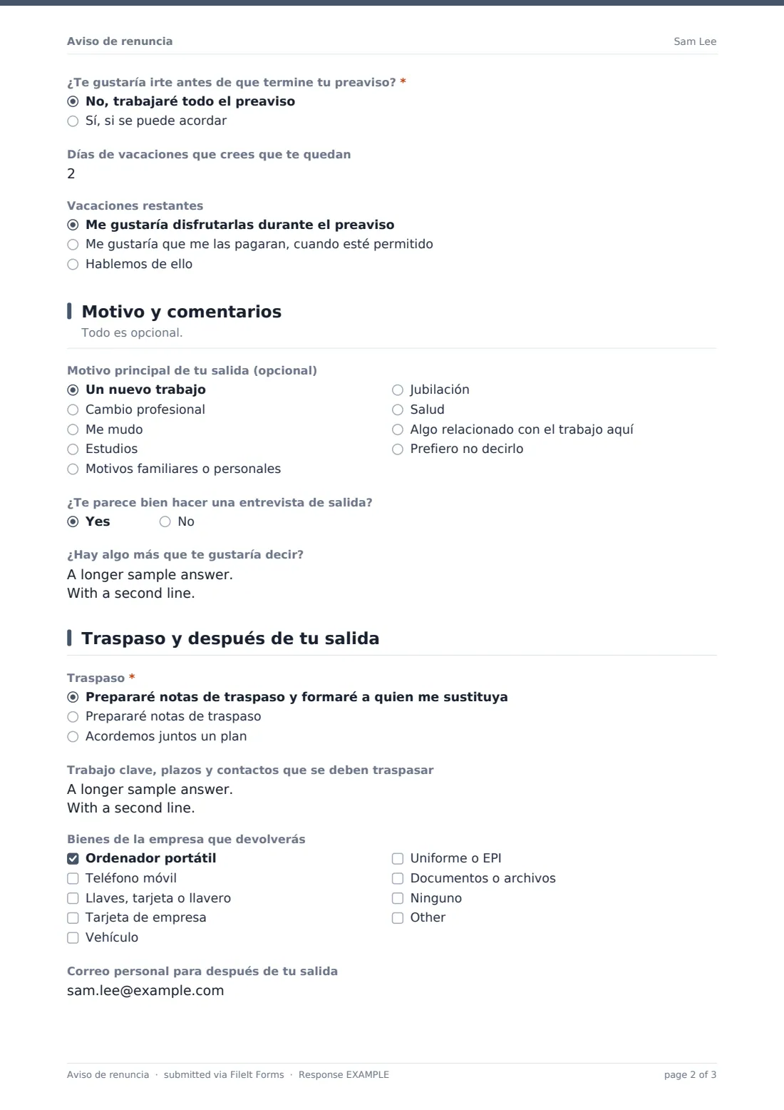 Aviso de renuncia — PDF de respuesta de ejemplo, página 2 de 3