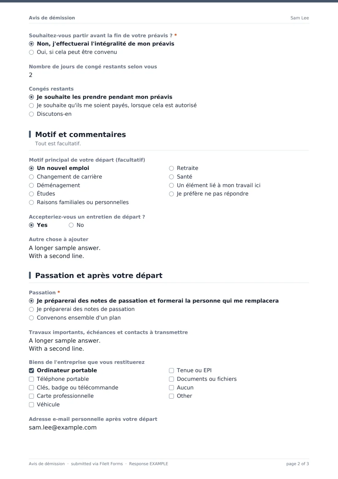 Avis de démission — exemple de réponse au format PDF, page 2 sur 3