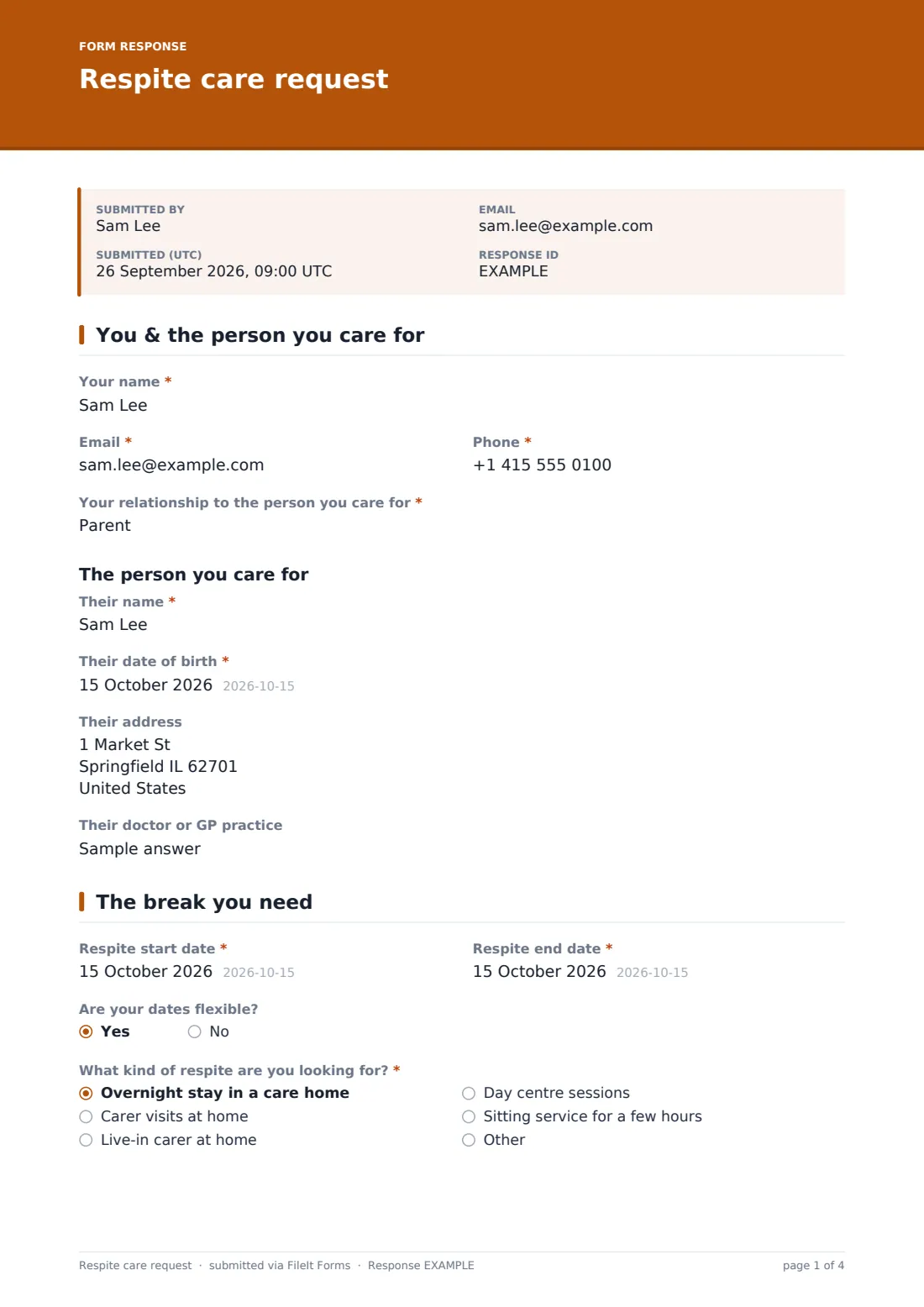 Respite care request — example response PDF, page 1 of 4