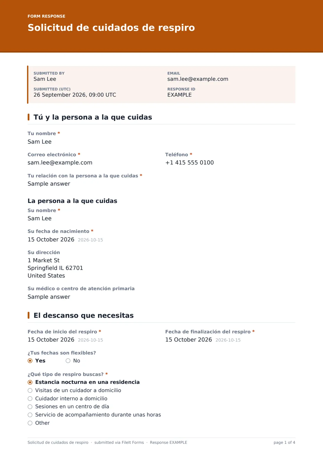 Solicitud de cuidados de respiro — PDF de respuesta de ejemplo, página 1 de 4