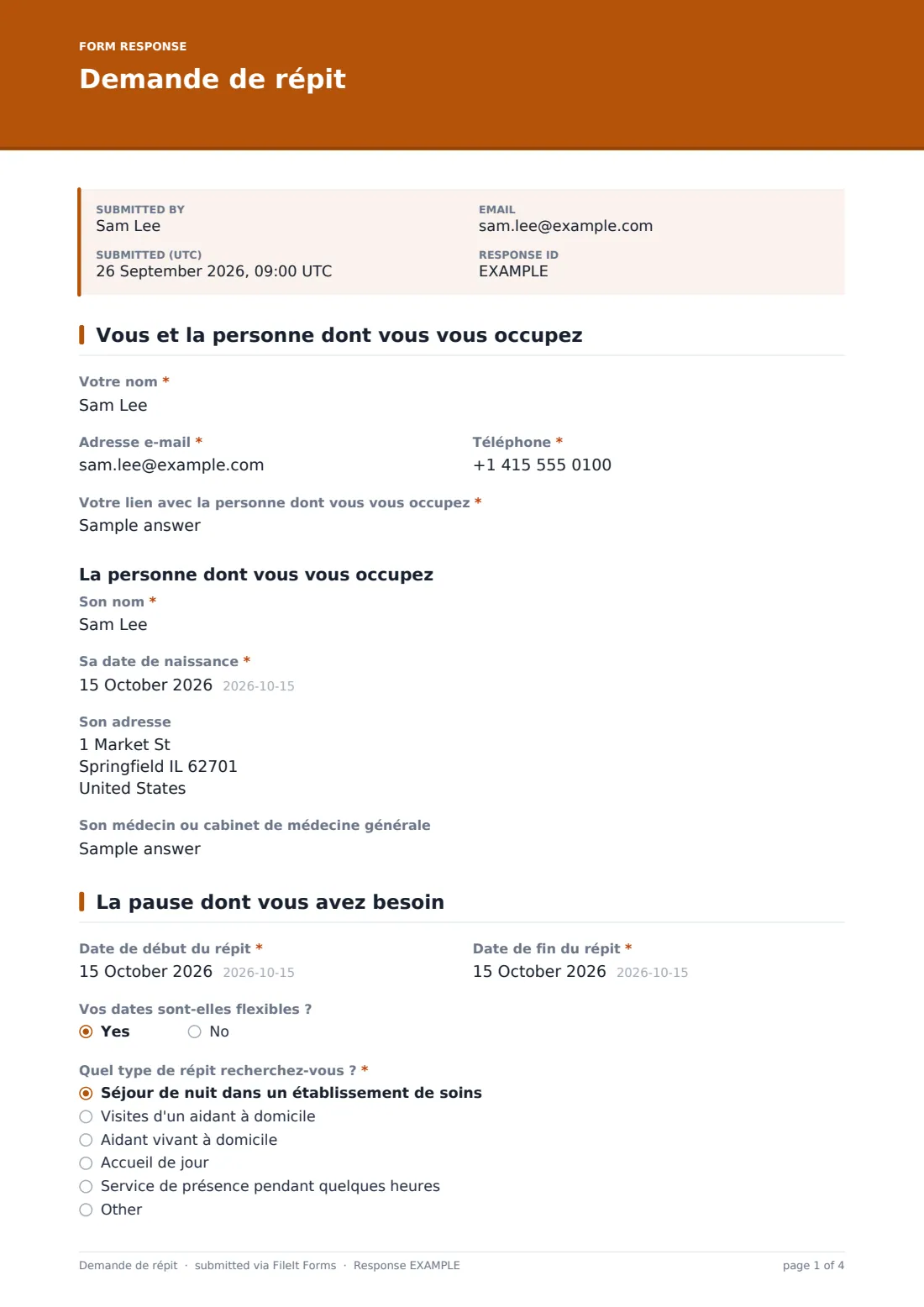 Demande de répit — exemple de réponse au format PDF, page 1 sur 4