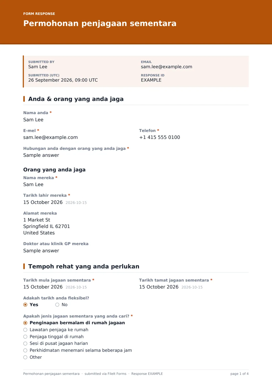 Permohonan penjagaan sementara — PDF respons contoh, halaman 1 daripada 4