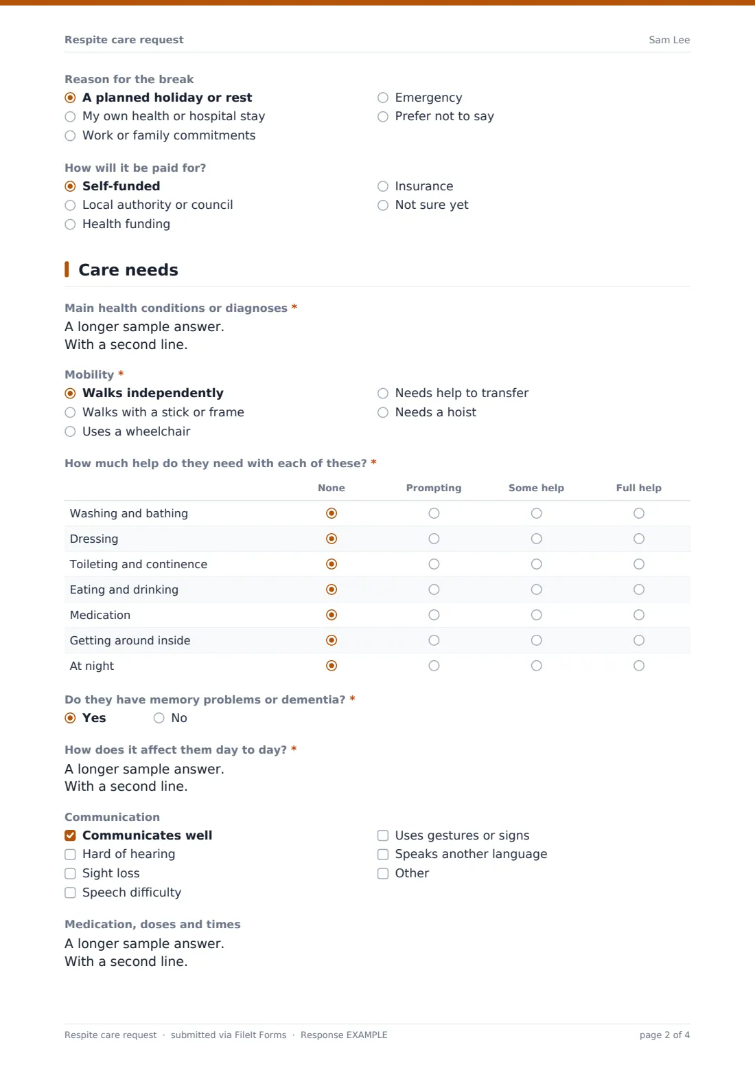 Respite care request — example response PDF, page 2 of 4