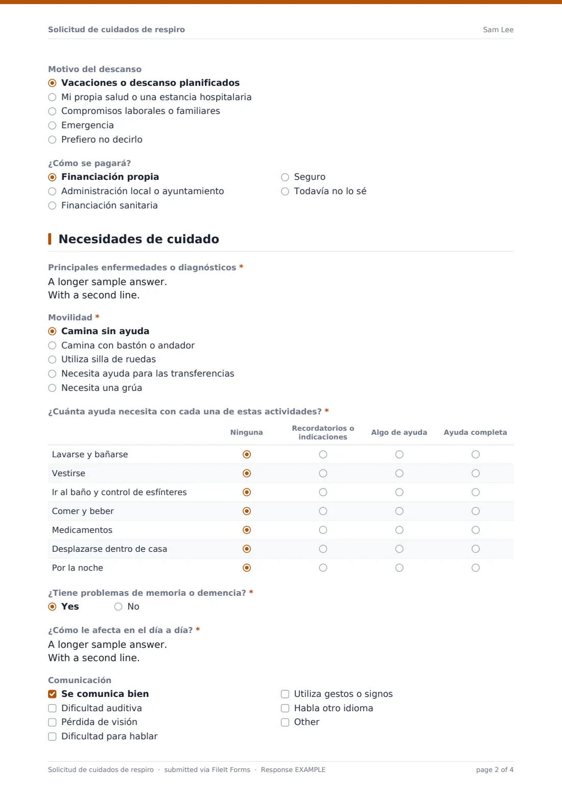 Solicitud de cuidados de respiro — PDF de respuesta de ejemplo, página 2 de 4