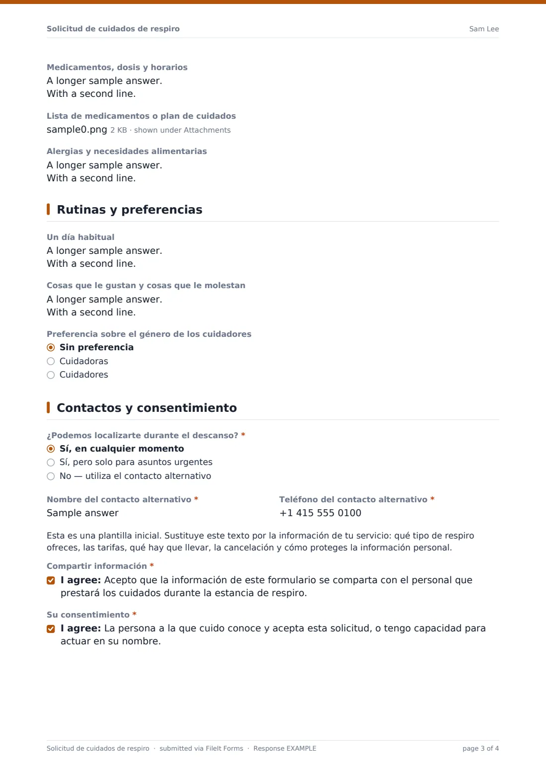Solicitud de cuidados de respiro — PDF de respuesta de ejemplo, página 3 de 4