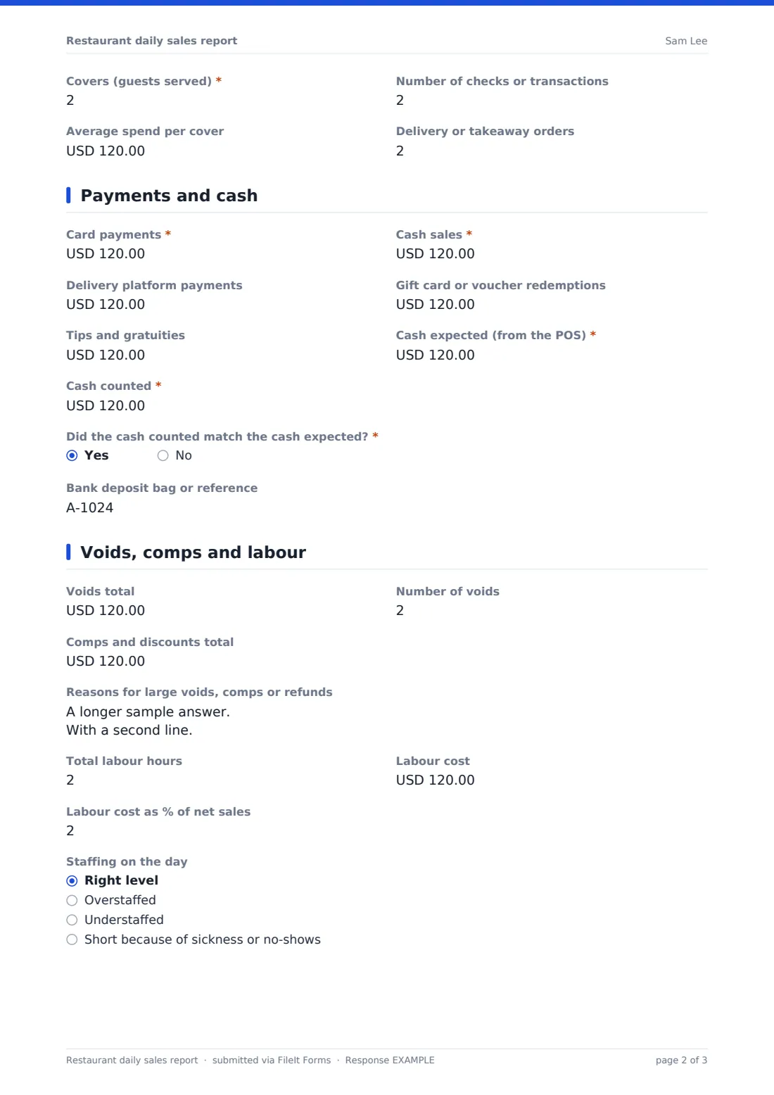Restaurant daily sales report — example response PDF, page 2 of 3