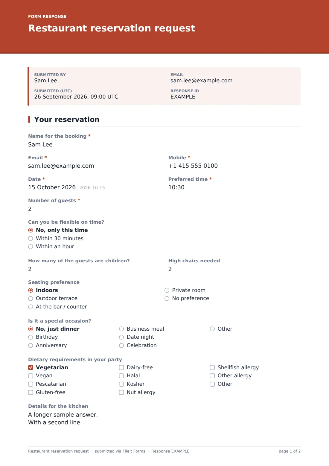 Restaurant reservation request — example response PDF, page 1 of 2