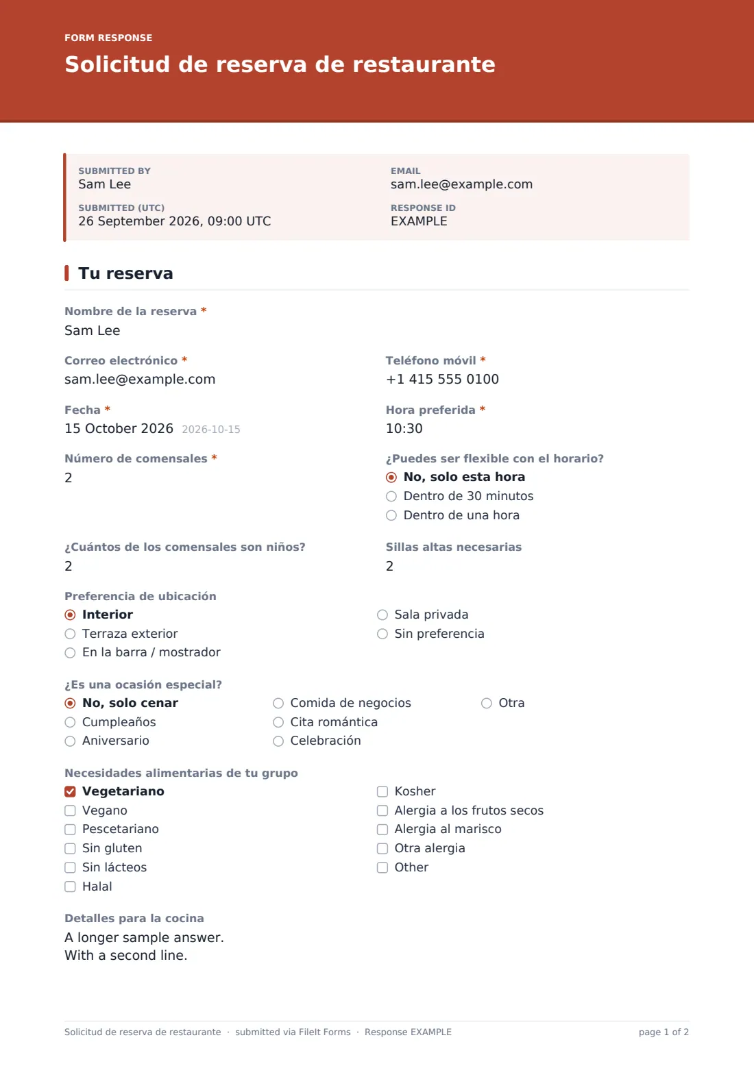 Solicitud de reserva de restaurante — PDF de respuesta de ejemplo, página 1 de 2