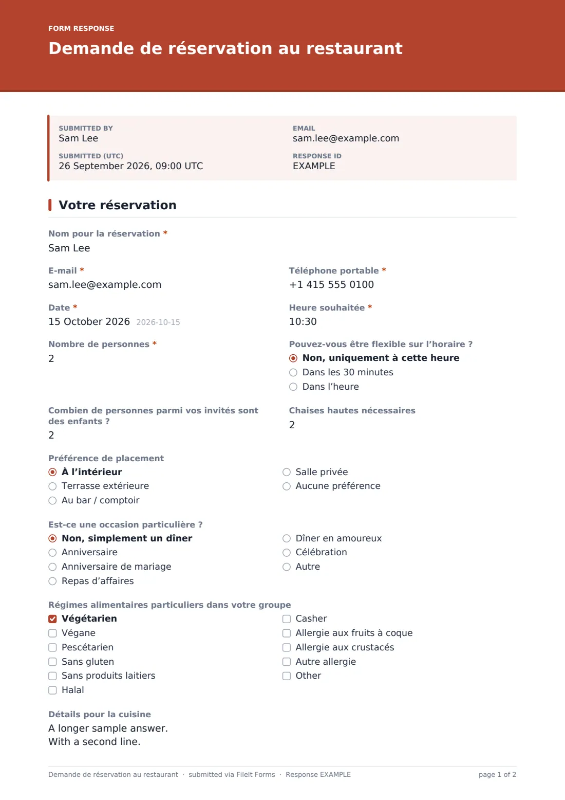 Demande de réservation au restaurant — exemple de réponse au format PDF, page 1 sur 2