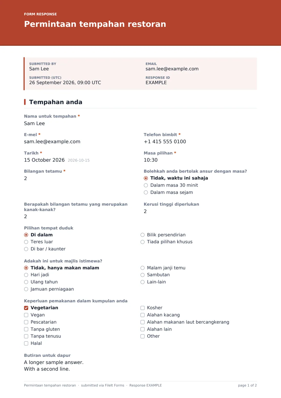Permintaan tempahan restoran — PDF respons contoh, halaman 1 daripada 2