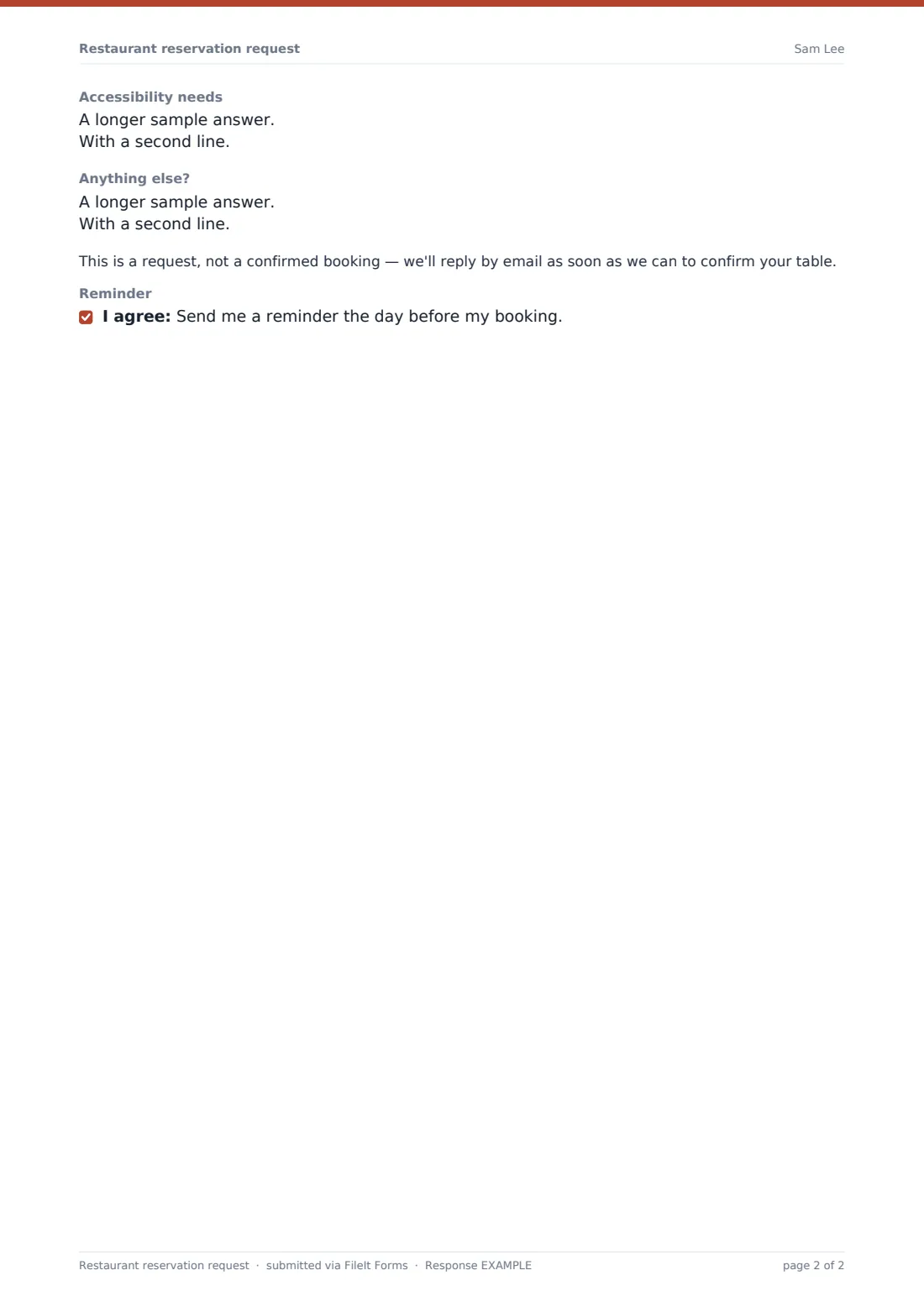 Restaurant reservation request — example response PDF, page 2 of 2