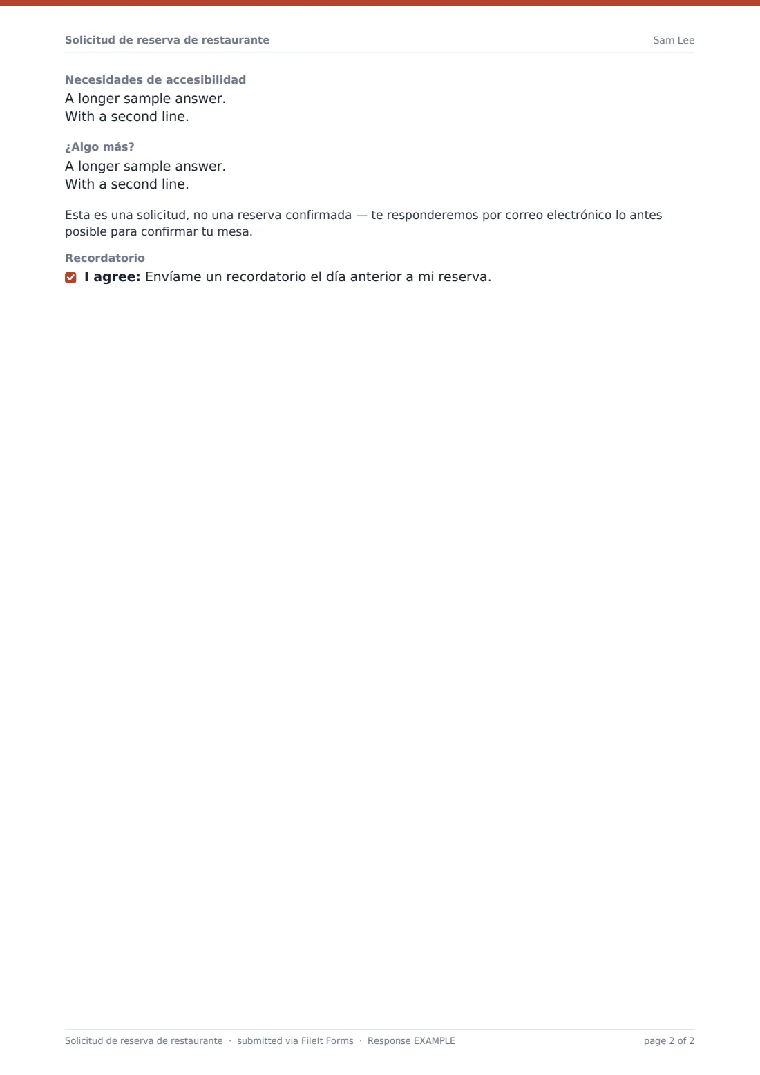 Solicitud de reserva de restaurante — PDF de respuesta de ejemplo, página 2 de 2