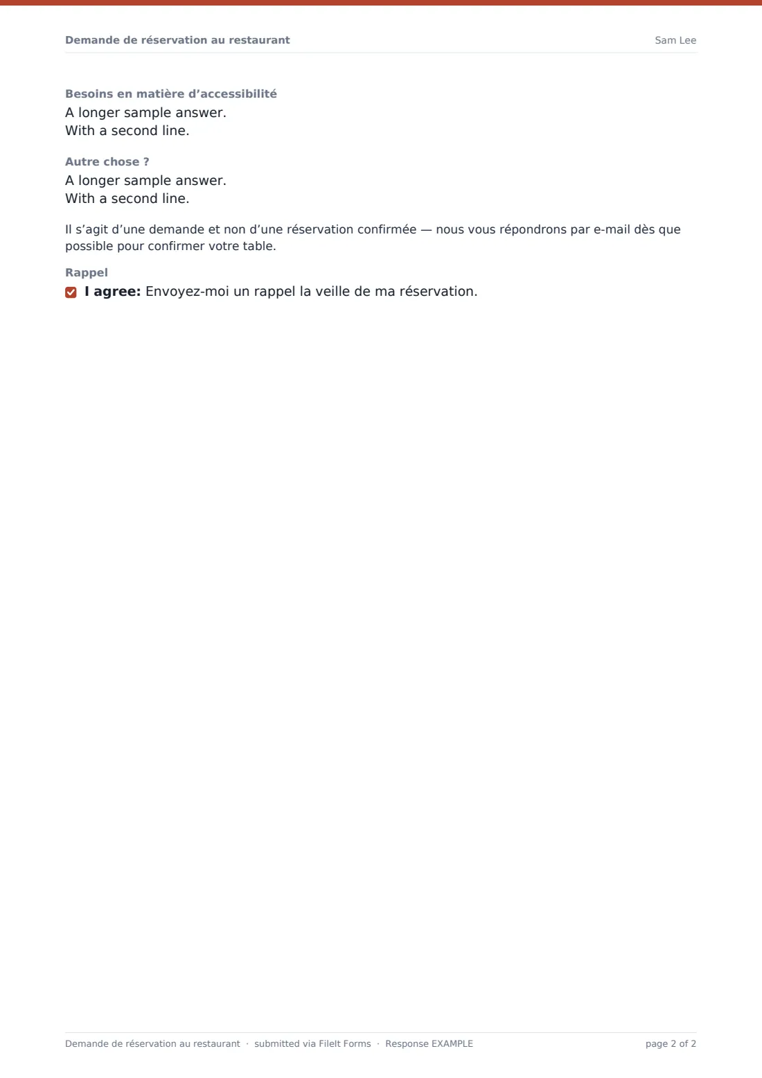 Demande de réservation au restaurant — exemple de réponse au format PDF, page 2 sur 2