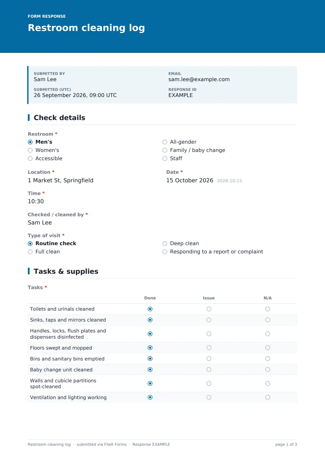Restroom cleaning log — example response PDF, page 1 of 3
