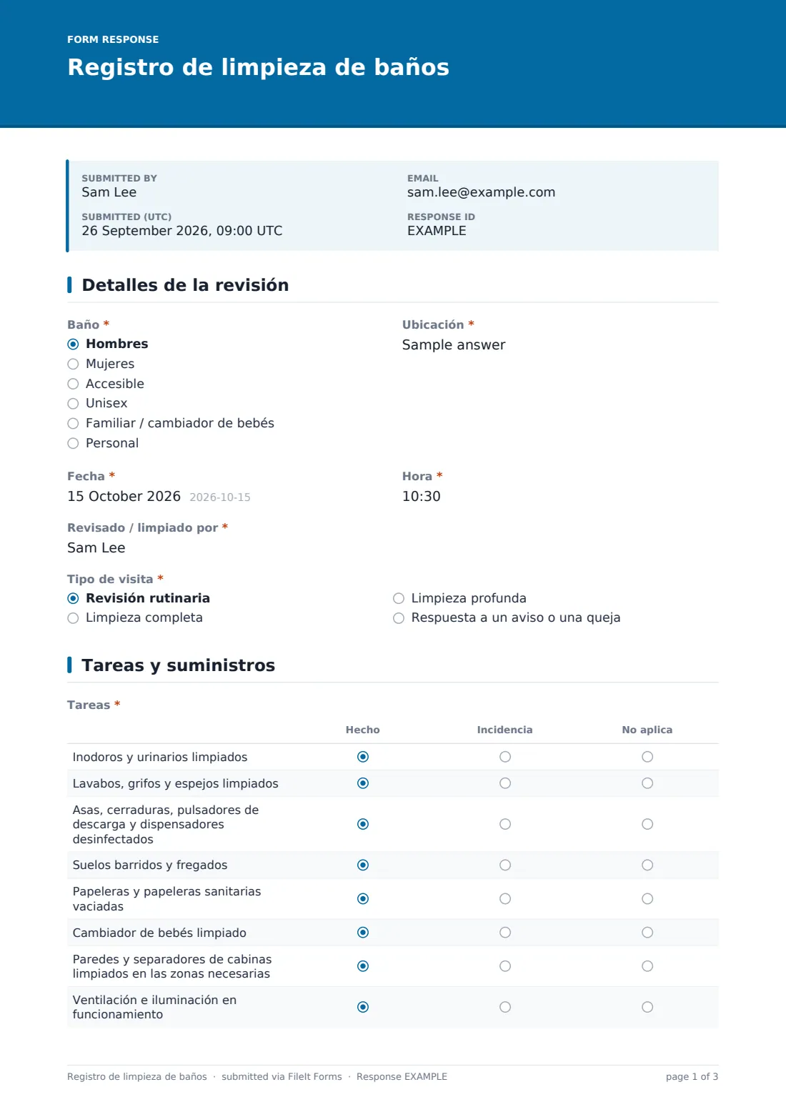 Registro de limpieza de baños — PDF de respuesta de ejemplo, página 1 de 3