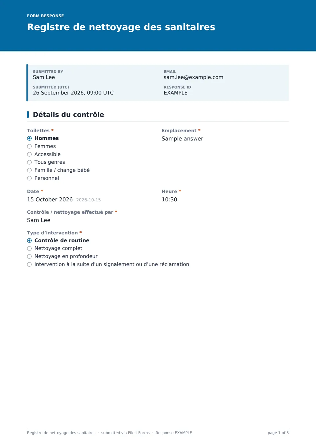 Registre de nettoyage des sanitaires — exemple de réponse au format PDF, page 1 sur 3