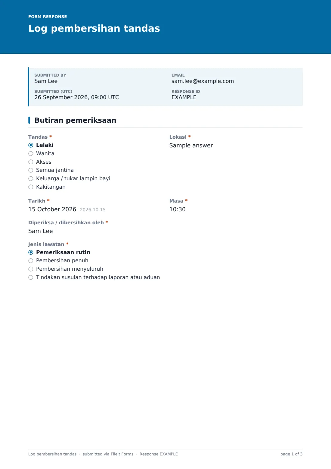 Log pembersihan tandas — PDF respons contoh, halaman 1 daripada 3