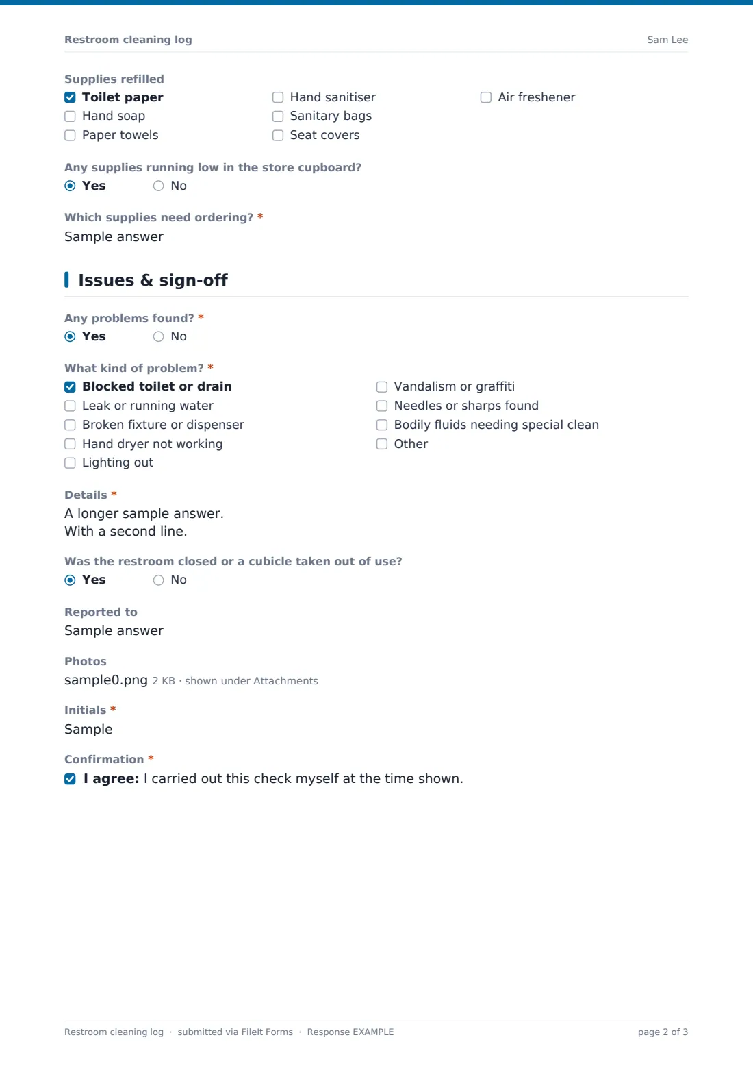 Restroom cleaning log — example response PDF, page 2 of 3