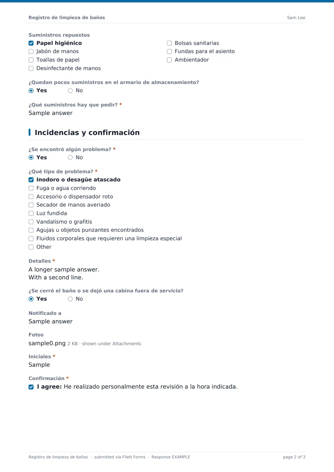 Registro de limpieza de baños — PDF de respuesta de ejemplo, página 2 de 3