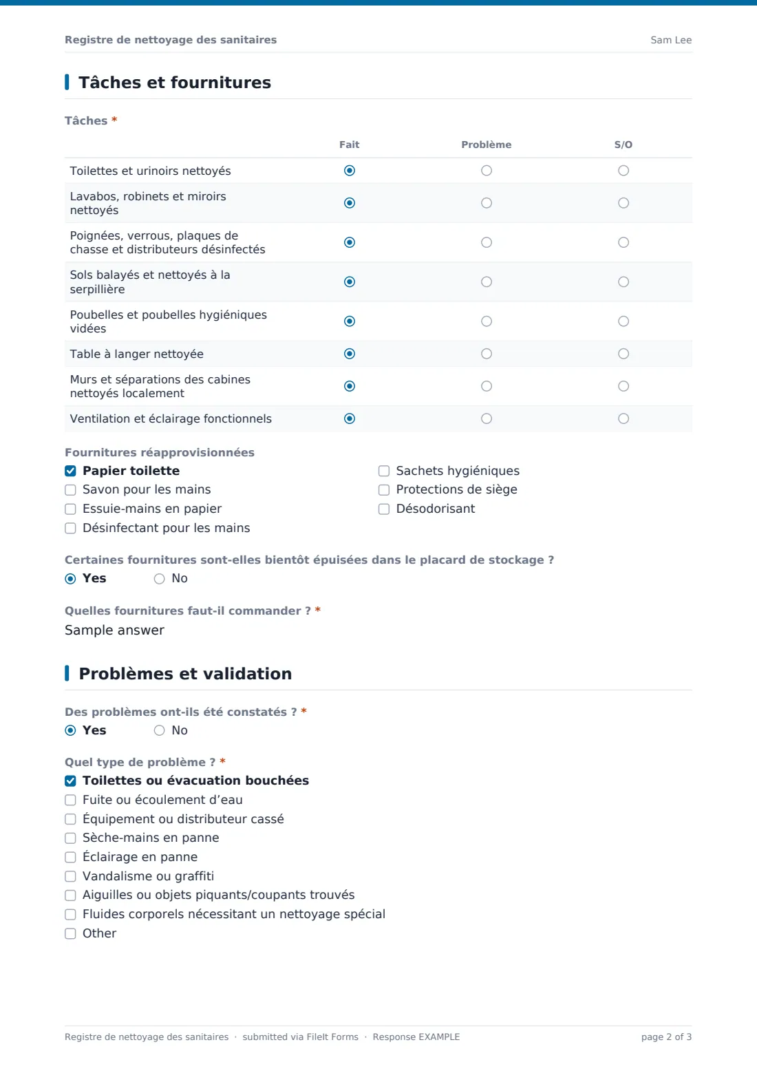 Registre de nettoyage des sanitaires — exemple de réponse au format PDF, page 2 sur 3