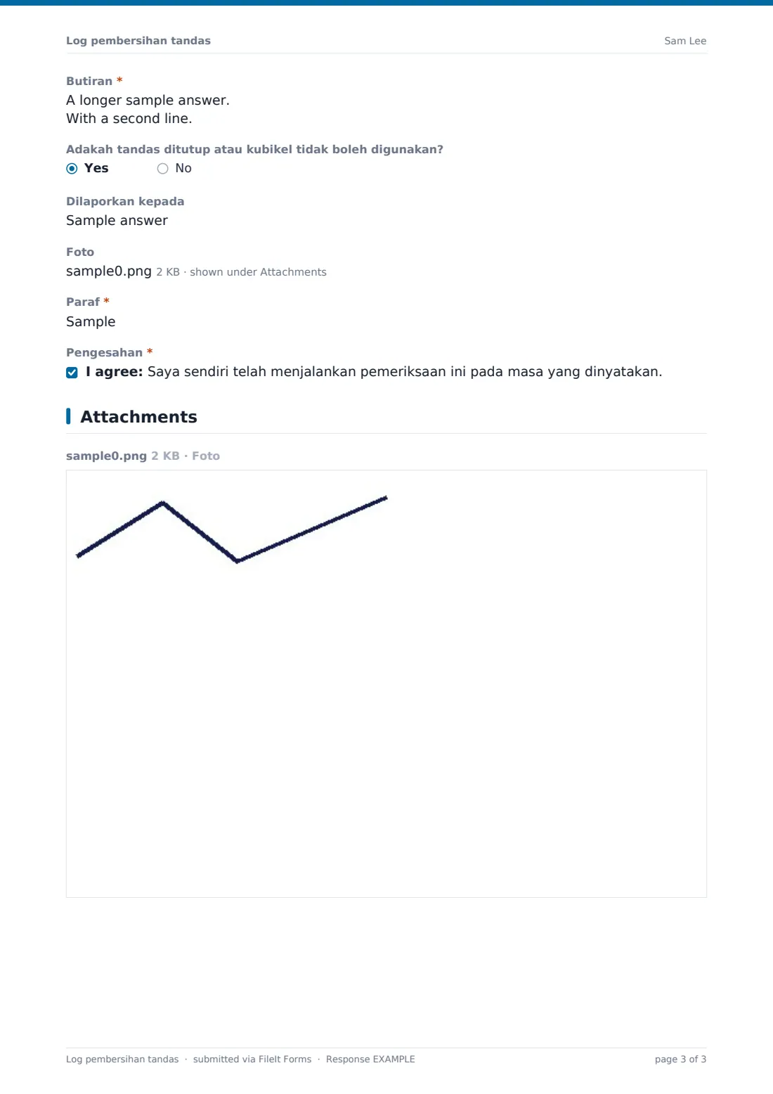 Log pembersihan tandas — PDF respons contoh, halaman 3 daripada 3