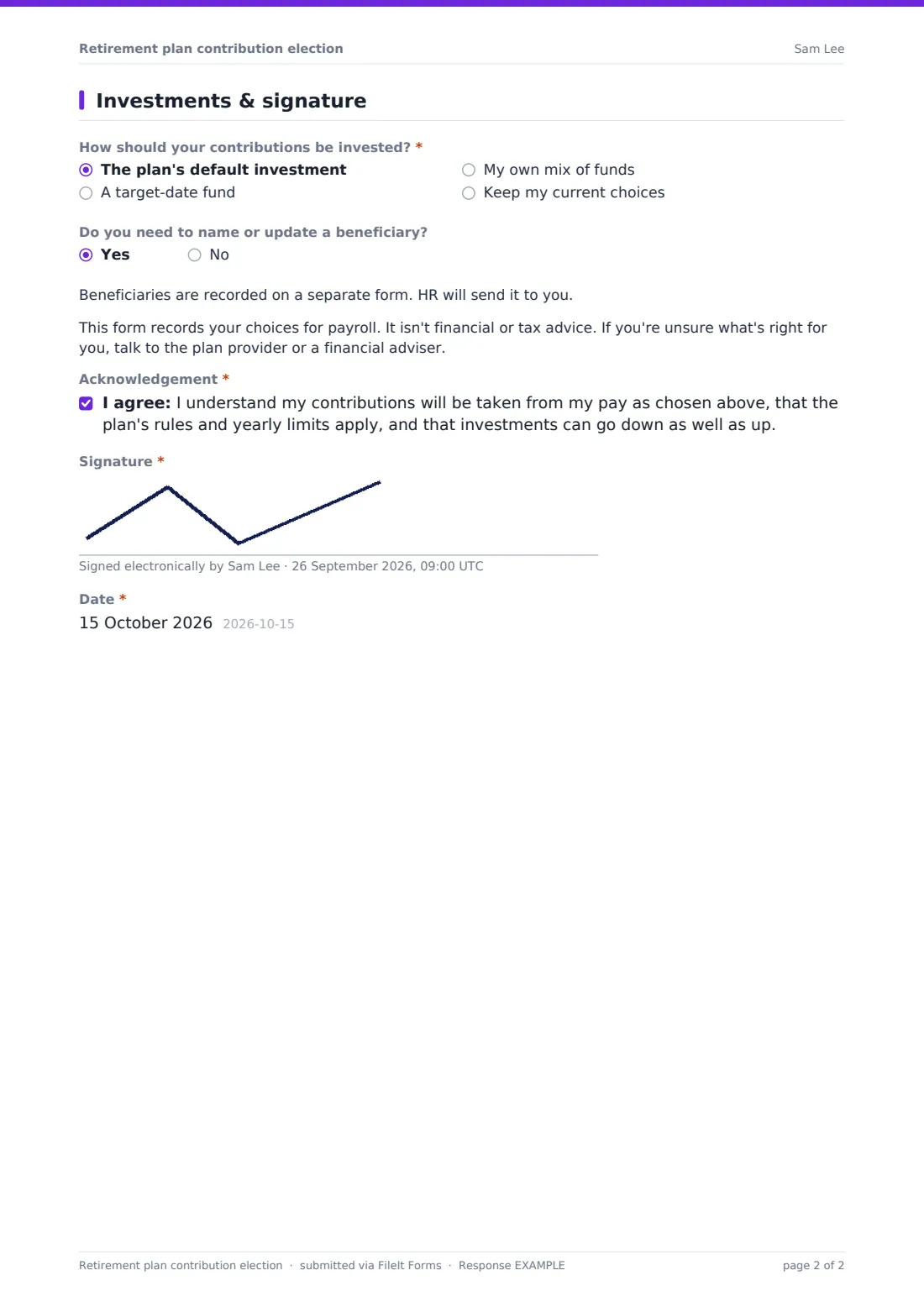 Retirement plan contribution election — example response PDF, page 2 of 2