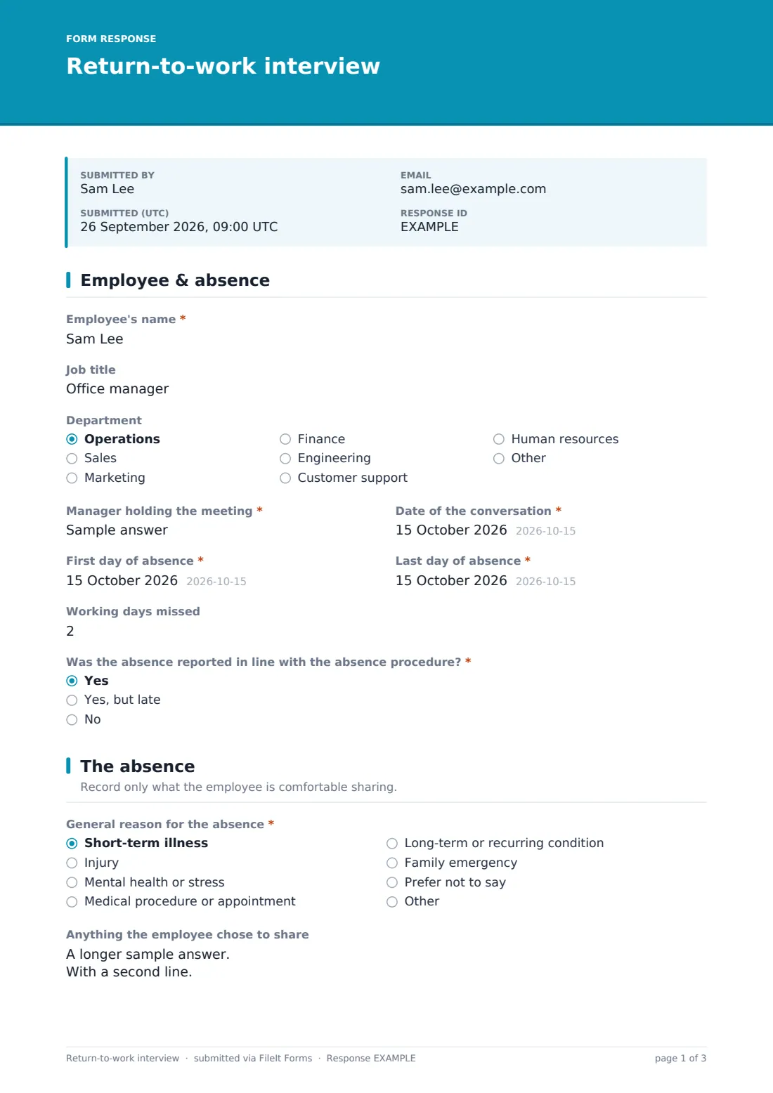 Return-to-work interview — example response PDF, page 1 of 3