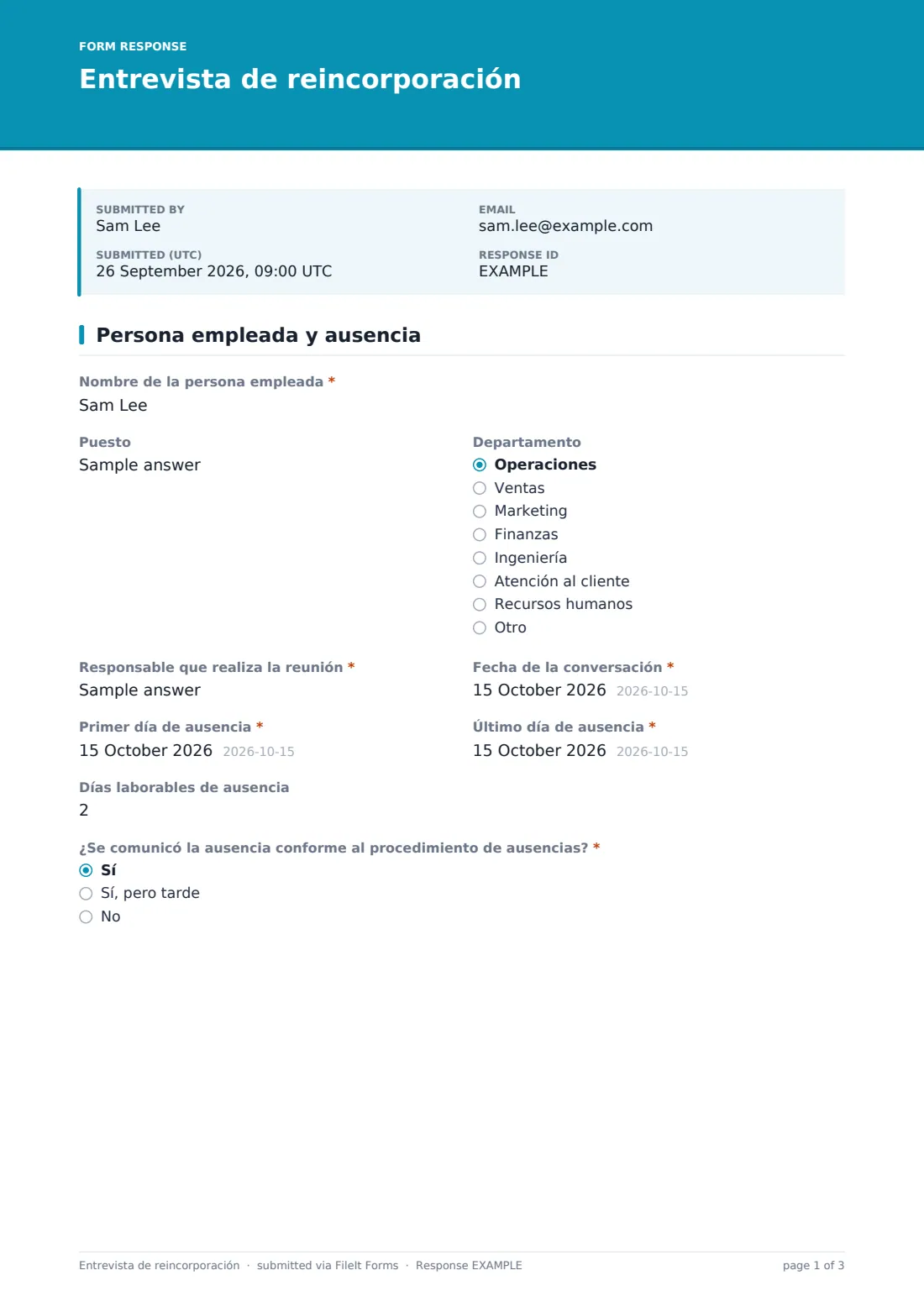 Entrevista de reincorporación — PDF de respuesta de ejemplo, página 1 de 3