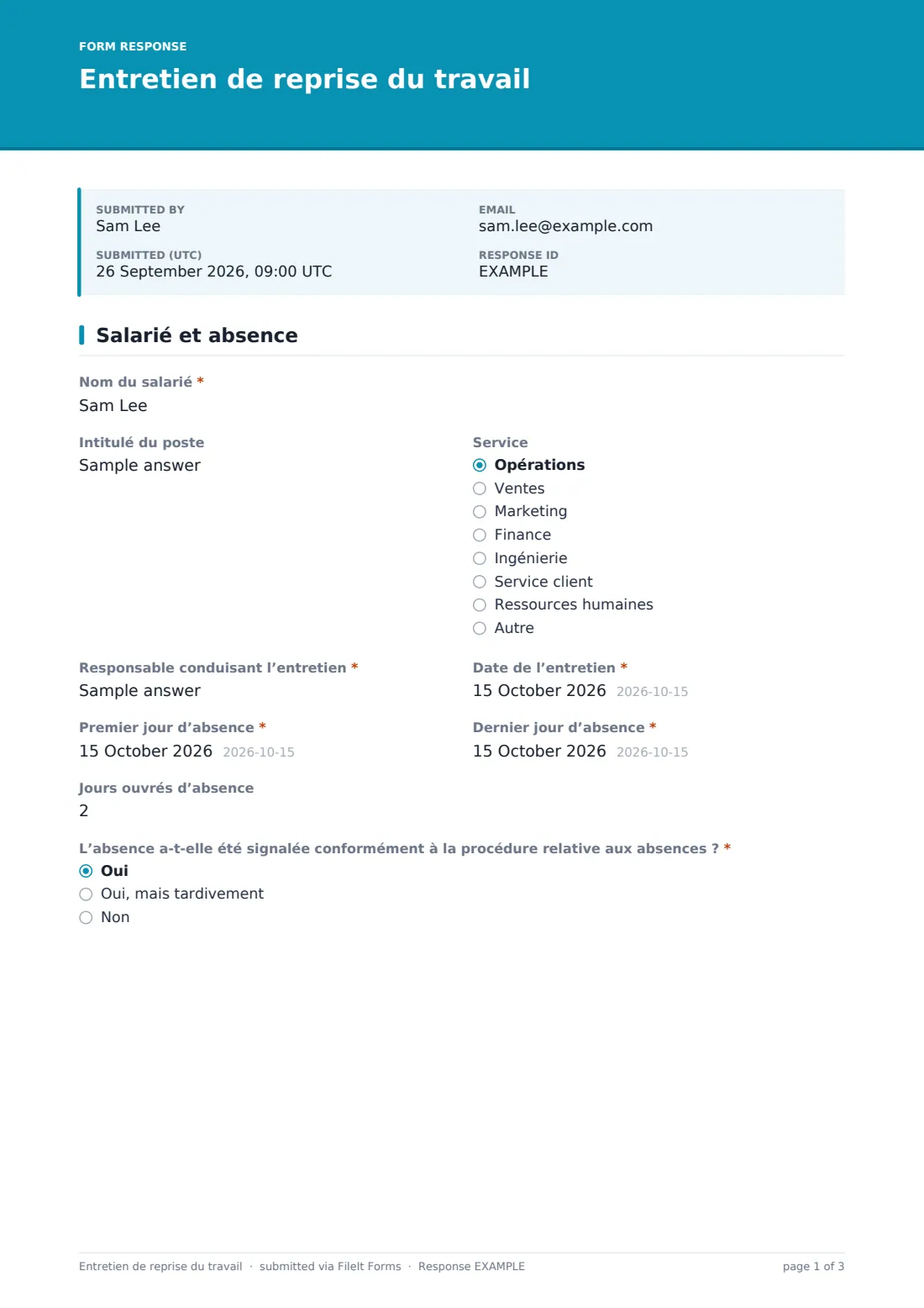 Entretien de reprise du travail — exemple de réponse au format PDF, page 1 sur 3