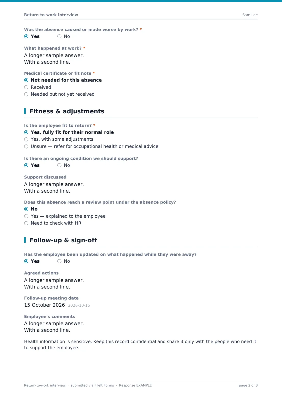 Return-to-work interview — example response PDF, page 2 of 3
