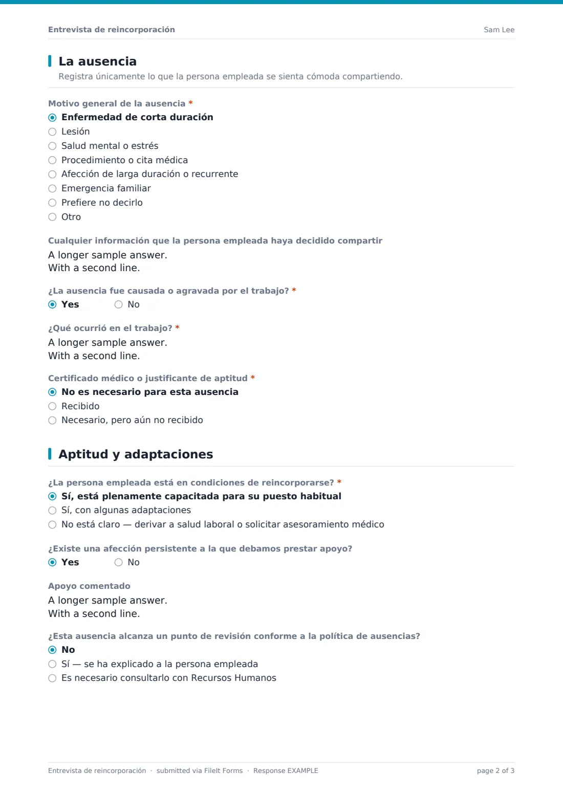 Entrevista de reincorporación — PDF de respuesta de ejemplo, página 2 de 3