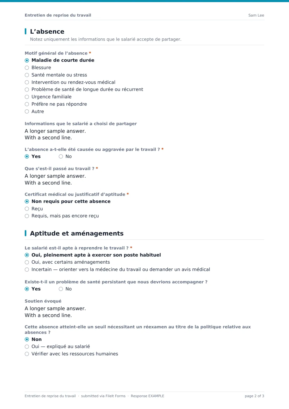 Entretien de reprise du travail — exemple de réponse au format PDF, page 2 sur 3