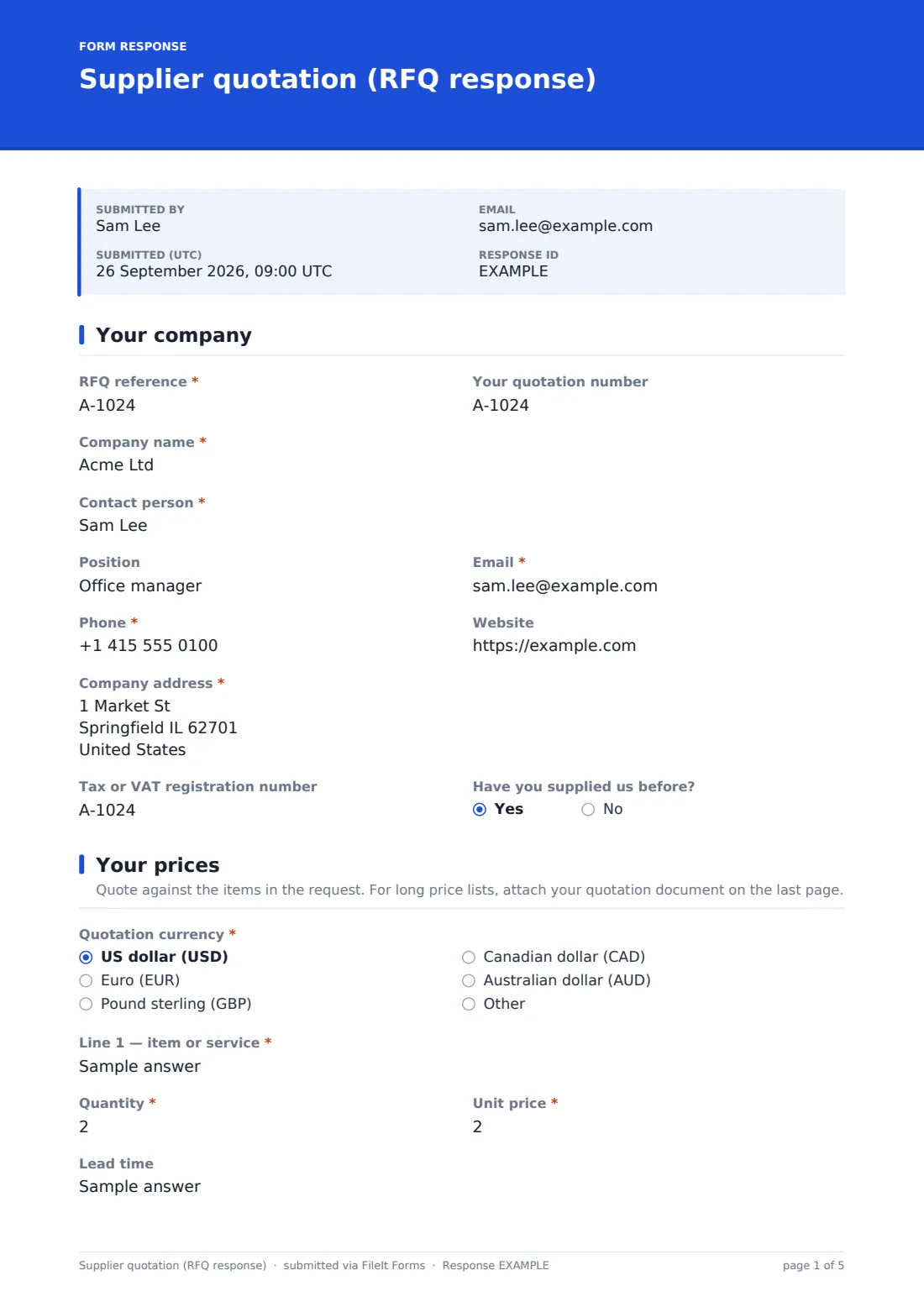 Supplier quotation (RFQ response) — example response PDF, page 1 of 5