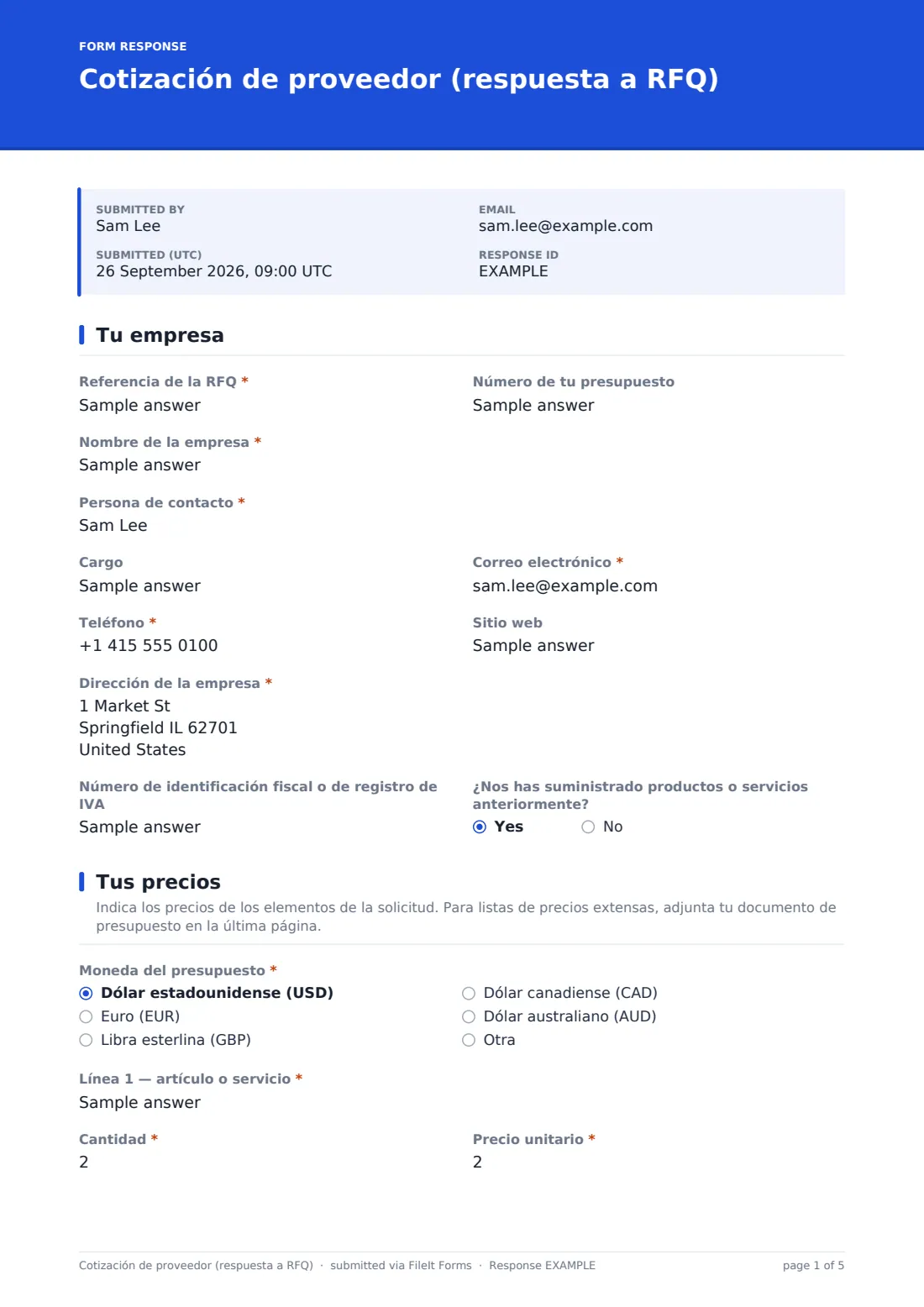 Cotización de proveedor (respuesta a RFQ) — PDF de respuesta de ejemplo, página 1 de 5