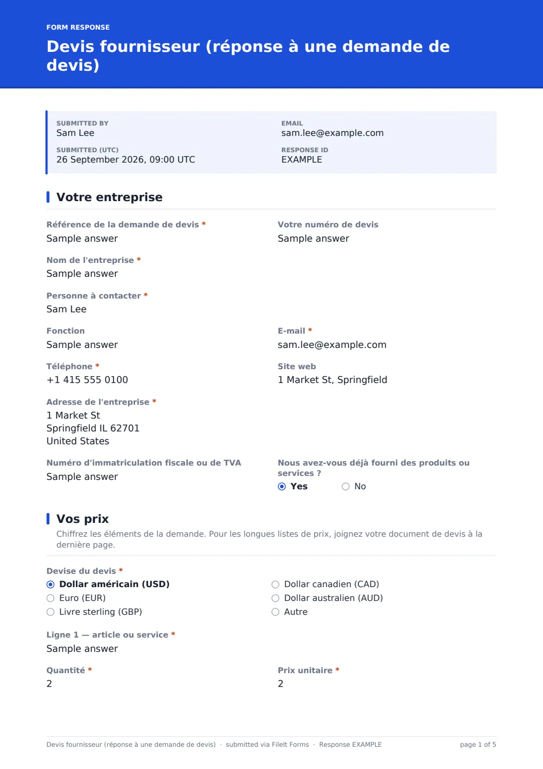 Devis fournisseur (réponse à une demande de devis) — exemple de réponse au format PDF, page 1 sur 5