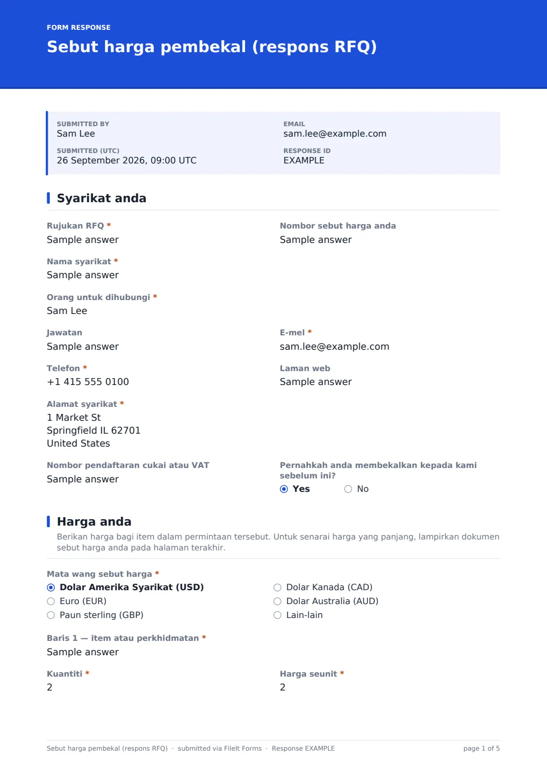 Sebut harga pembekal (respons RFQ) — PDF respons contoh, halaman 1 daripada 5