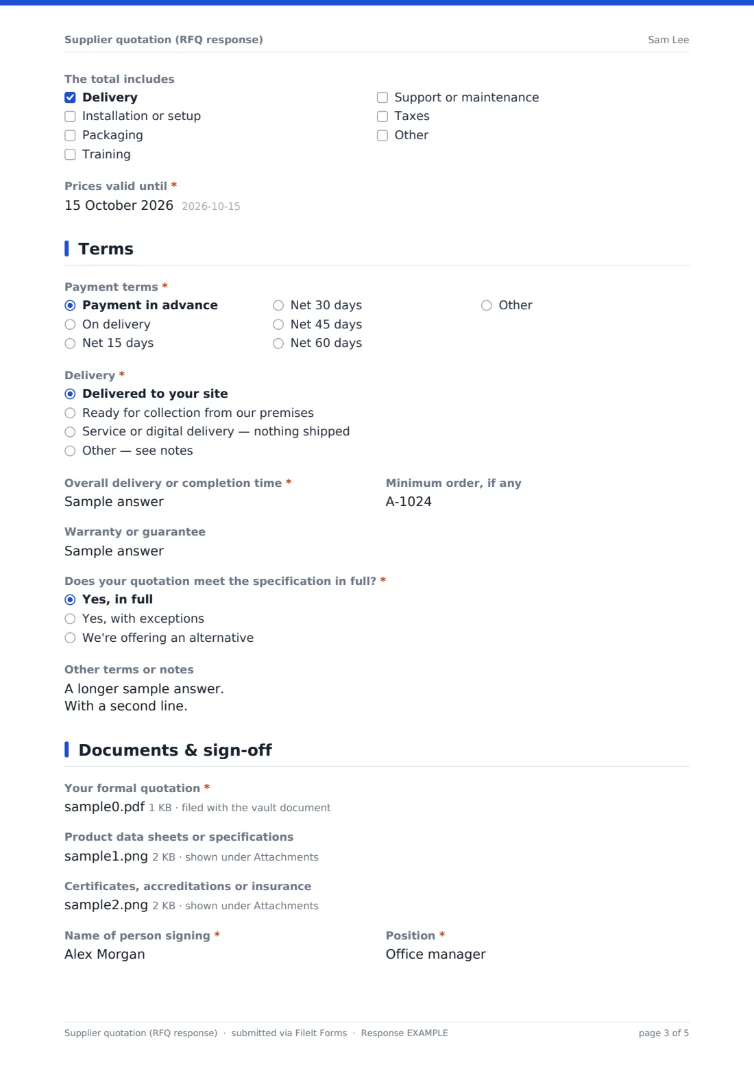 Supplier quotation (RFQ response) — example response PDF, page 3 of 5