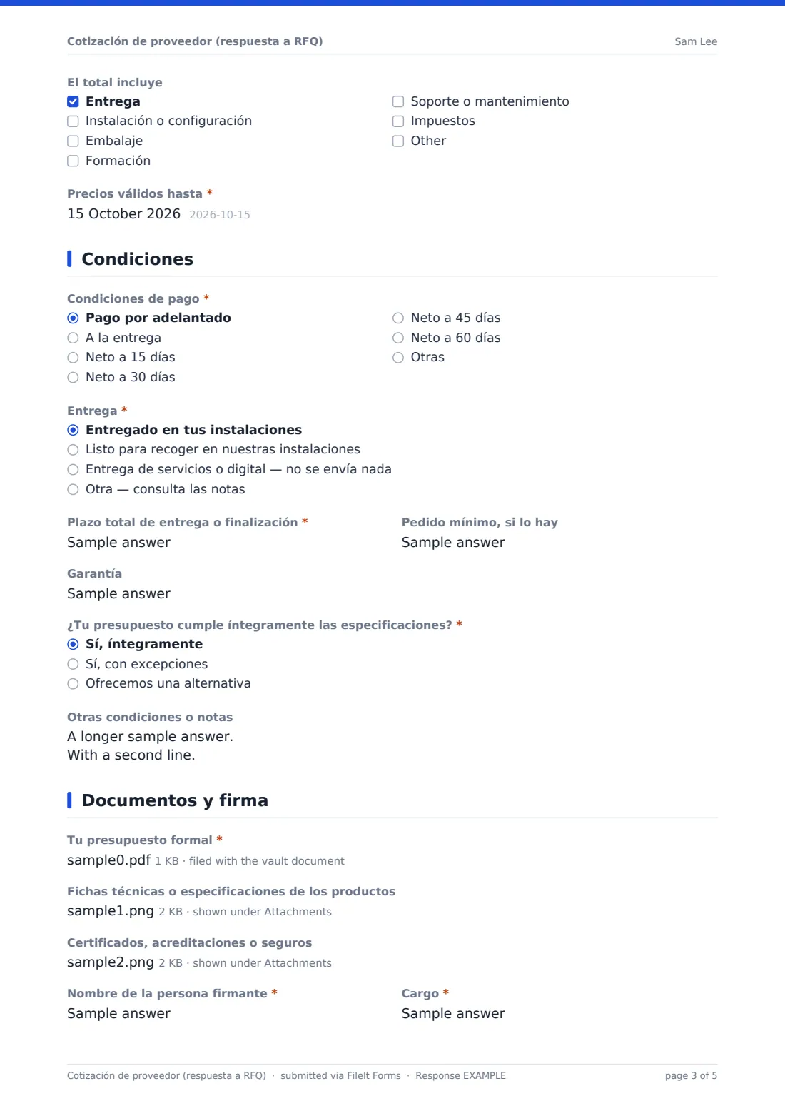Cotización de proveedor (respuesta a RFQ) — PDF de respuesta de ejemplo, página 3 de 5