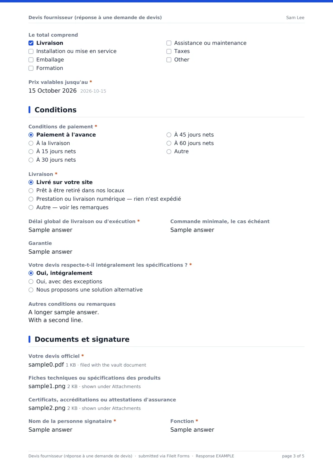 Devis fournisseur (réponse à une demande de devis) — exemple de réponse au format PDF, page 3 sur 5