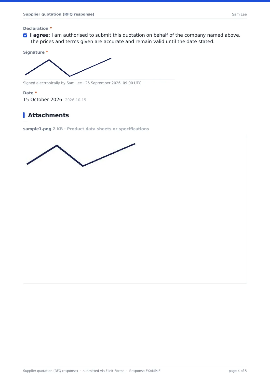 Supplier quotation (RFQ response) — example response PDF, page 4 of 5
