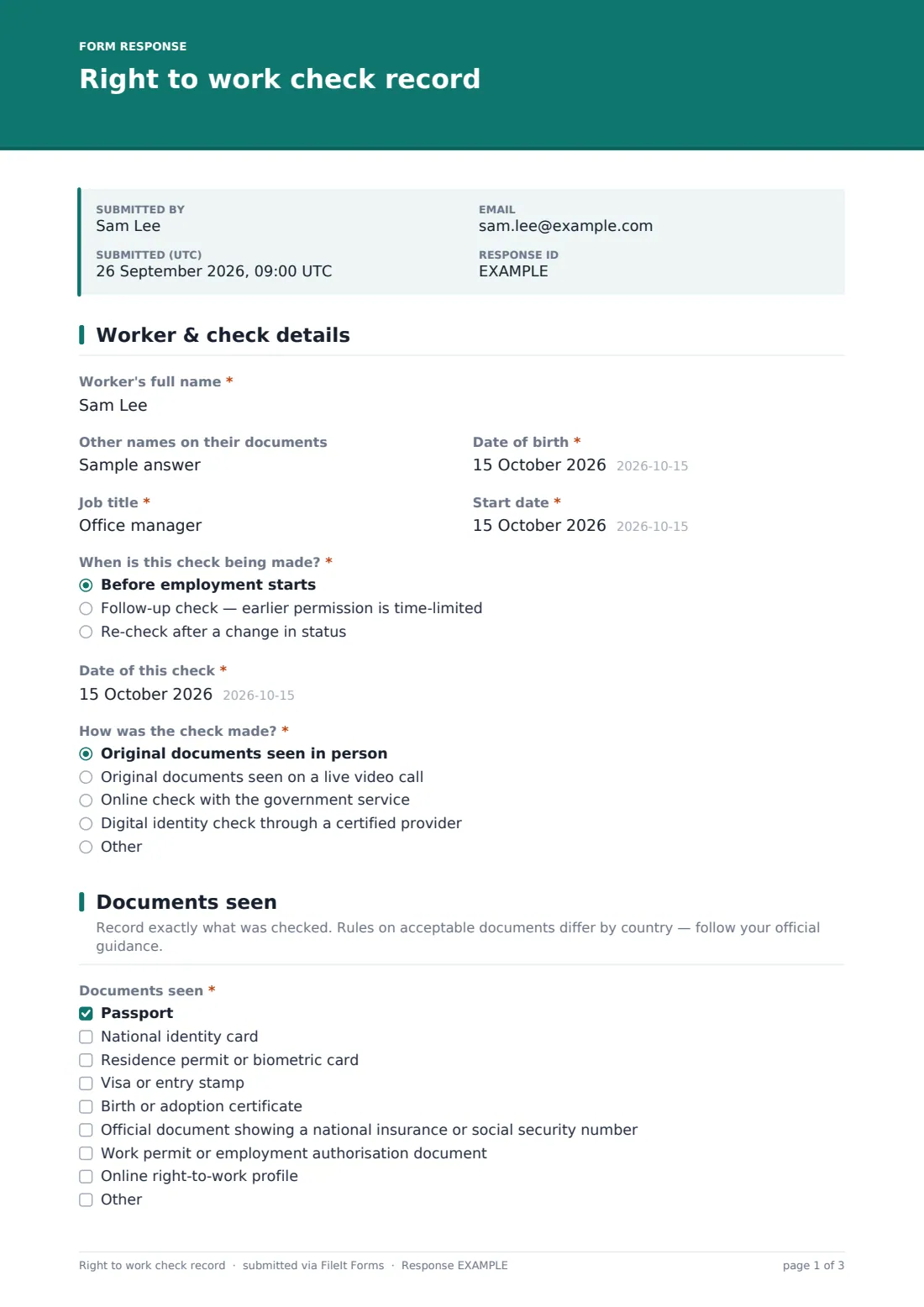 Right to work check record — example response PDF, page 1 of 3