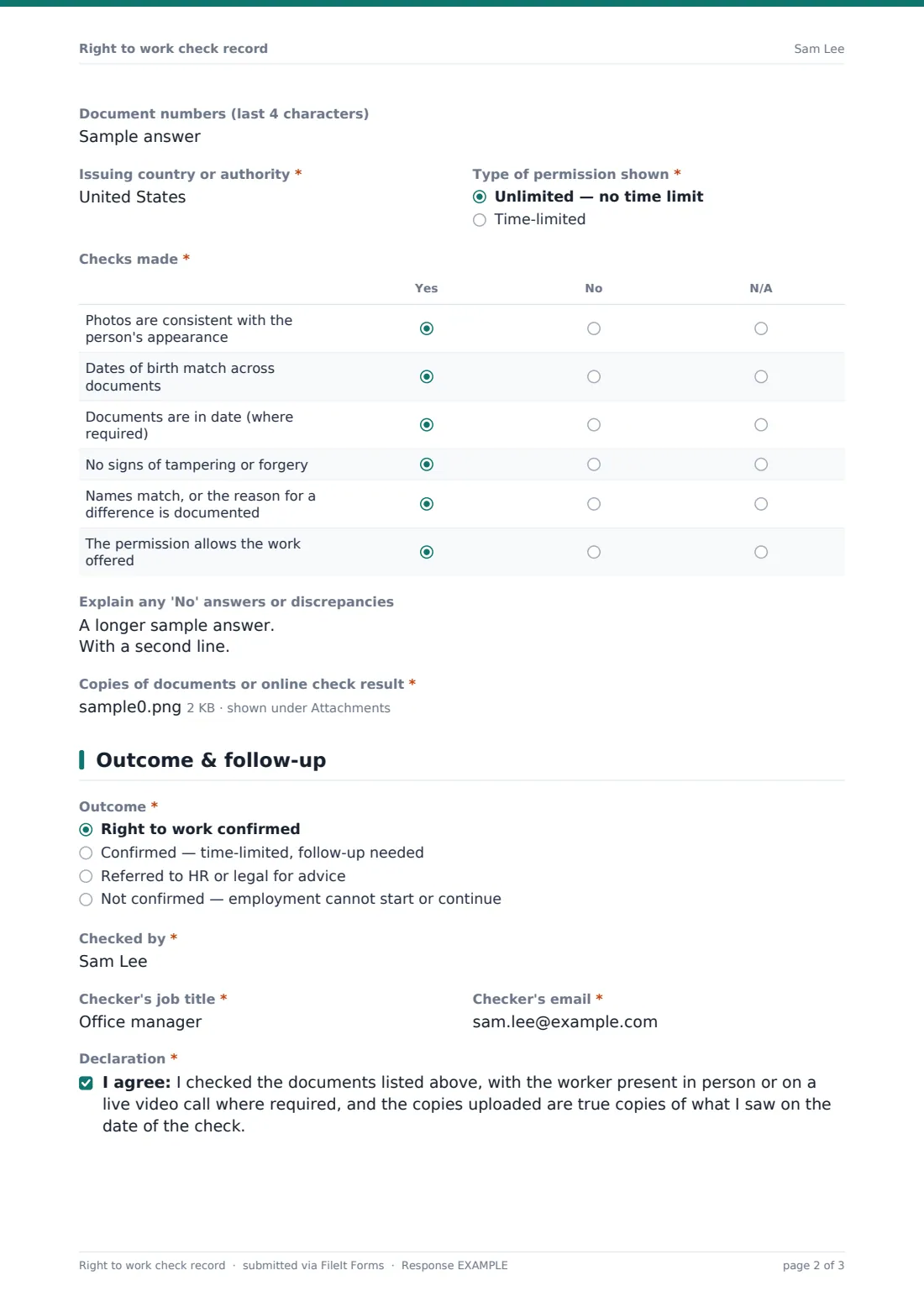 Right to work check record — example response PDF, page 2 of 3