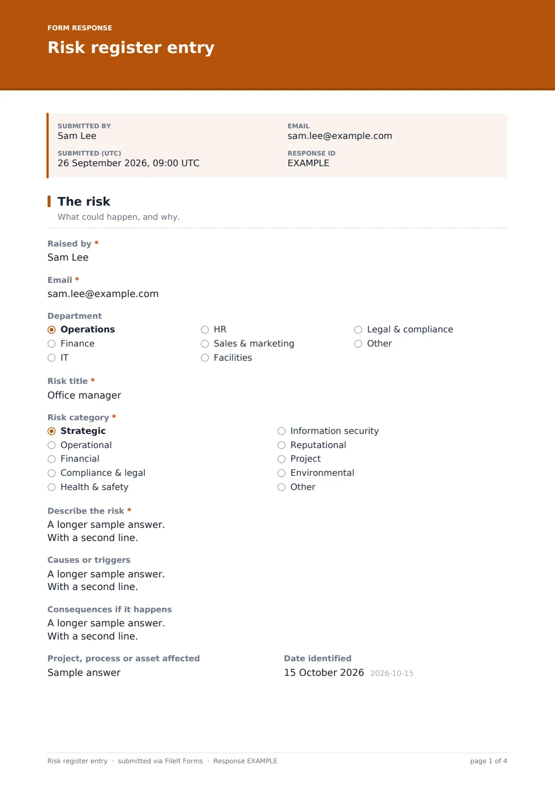 Risk register entry — example response PDF, page 1 of 4