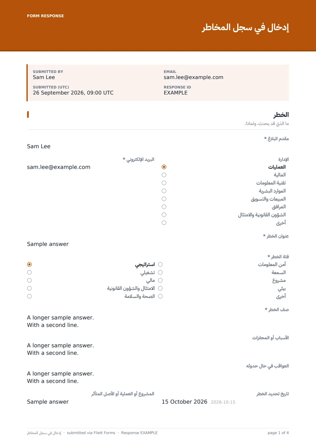 إدخال في سجل المخاطر — ملف PDF لرد نموذجي، الصفحة 1 من 4